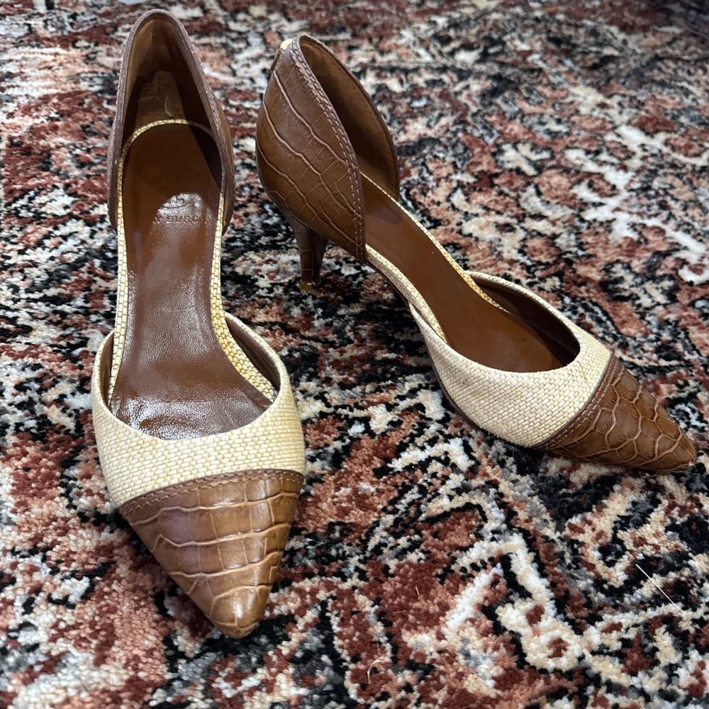 Tory Burch Brown and Cream Croc-Embossed Heels